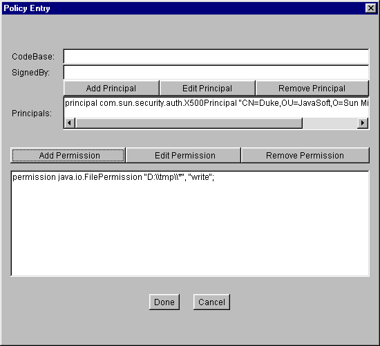 Policy Entry with One Principal and one Permission